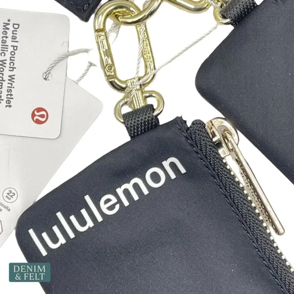 NEW‎ Lululemon Dual Pouch Wristlet Metallic Wordmark Black Gold Keychain Wallet